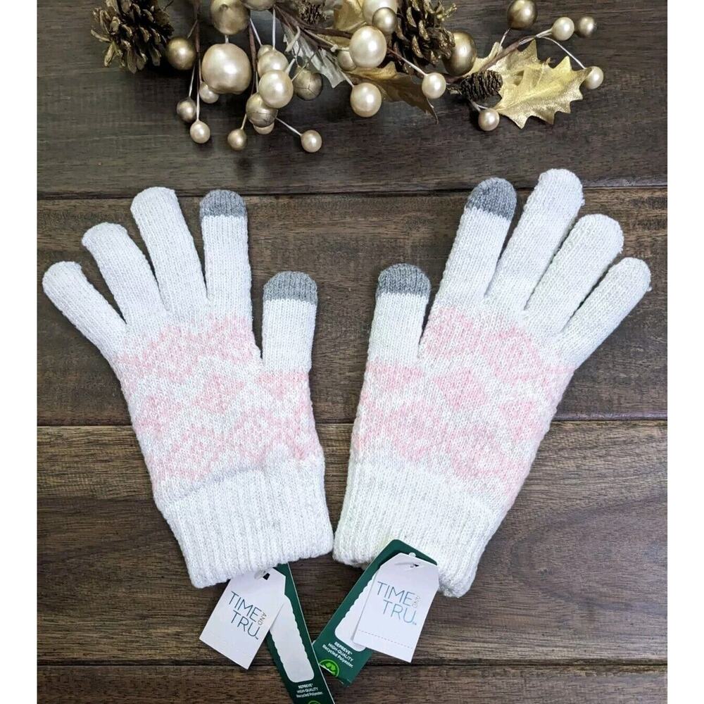 Time And Tru Women's Fair Isle Touch Gloves Pink & White Thick Warm NEW Glitter